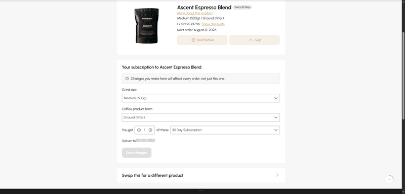 Scroll down on the product page and you should be able to see 'You get X of these 'Frequency'. Select your current Frequency (E.g '30 Day Subscription' and select your new choice. Then select 'Save Changes'.